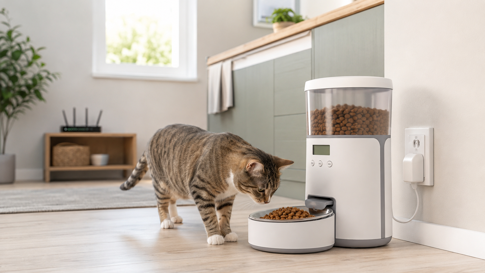 Cat standing beside an automatic feeder with a Wi-Fi router in the background