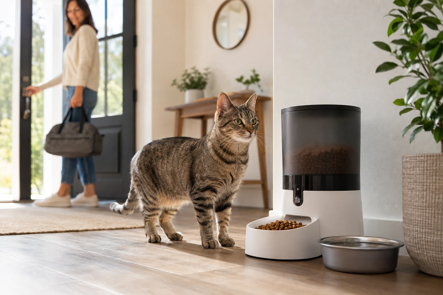 Cat standing beside an automatic feeder as its owner prepares to leave home