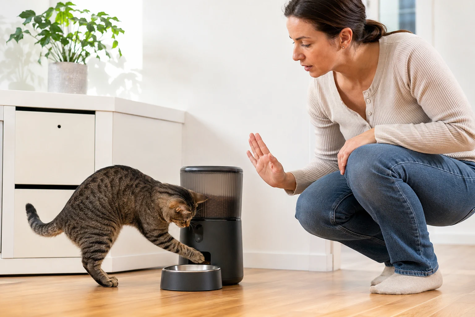 A cat reaching toward an automatic feeder outlet while its owner intervenes
