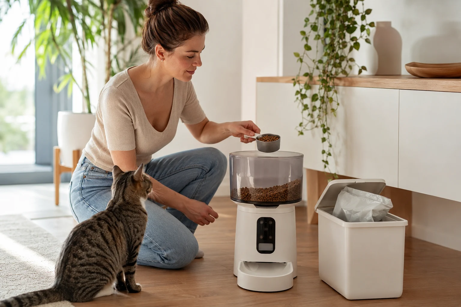 Cat owner adding a measured amount of dry food to an automatic cat feeder