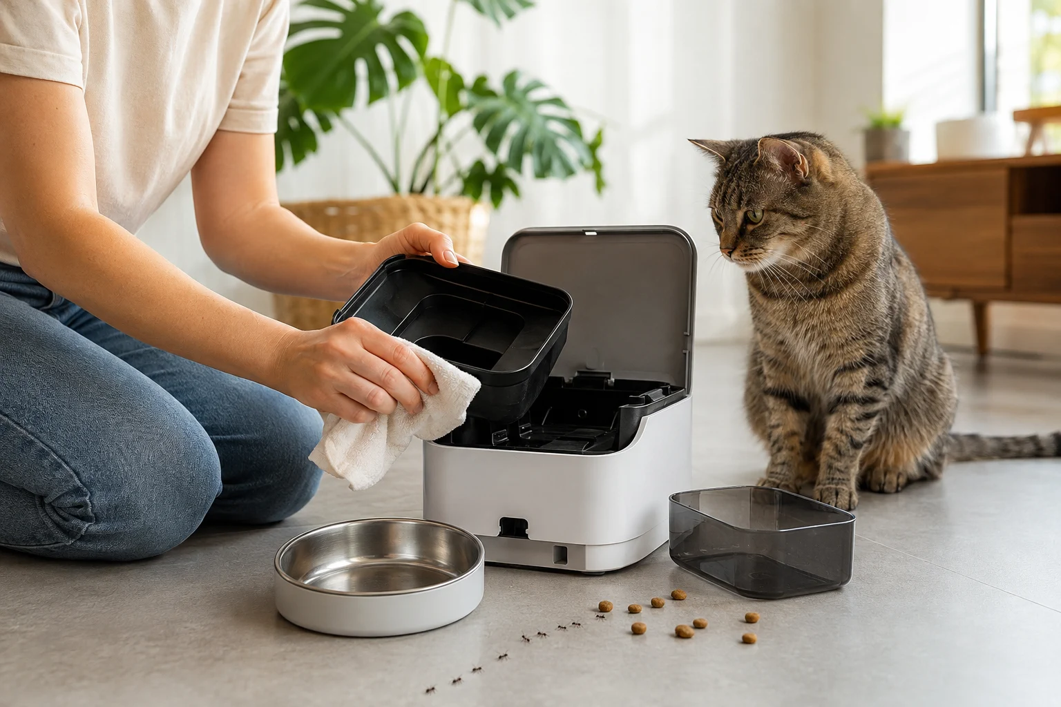Cat owner cleaning an automatic feeder after discovering ants near spilled kibble