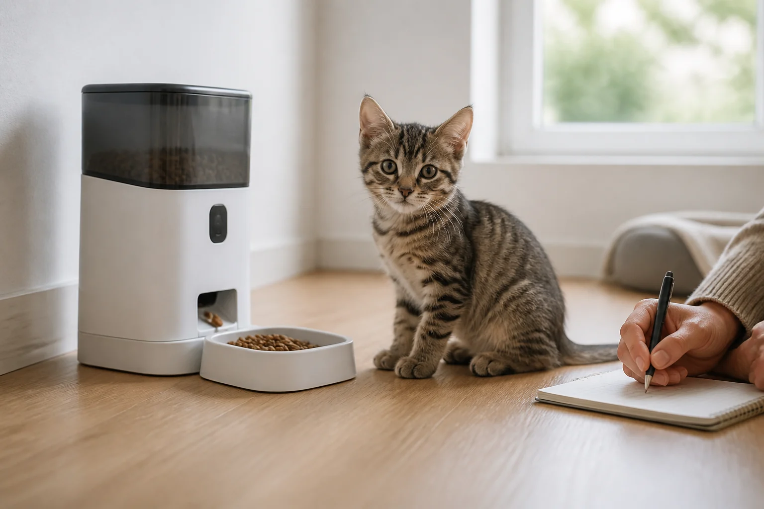 Fully weaned kitten beside a low automatic feeder while a caregiver records intake