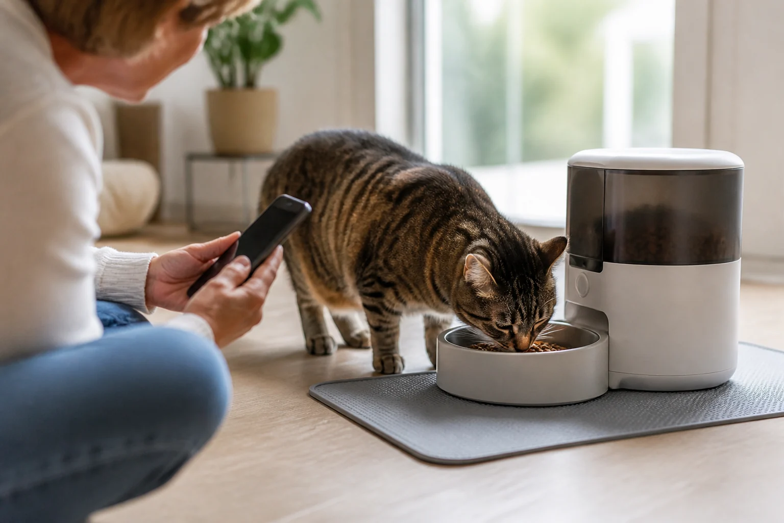 Senior cat eating from a low automatic feeder while a caregiver monitors intake