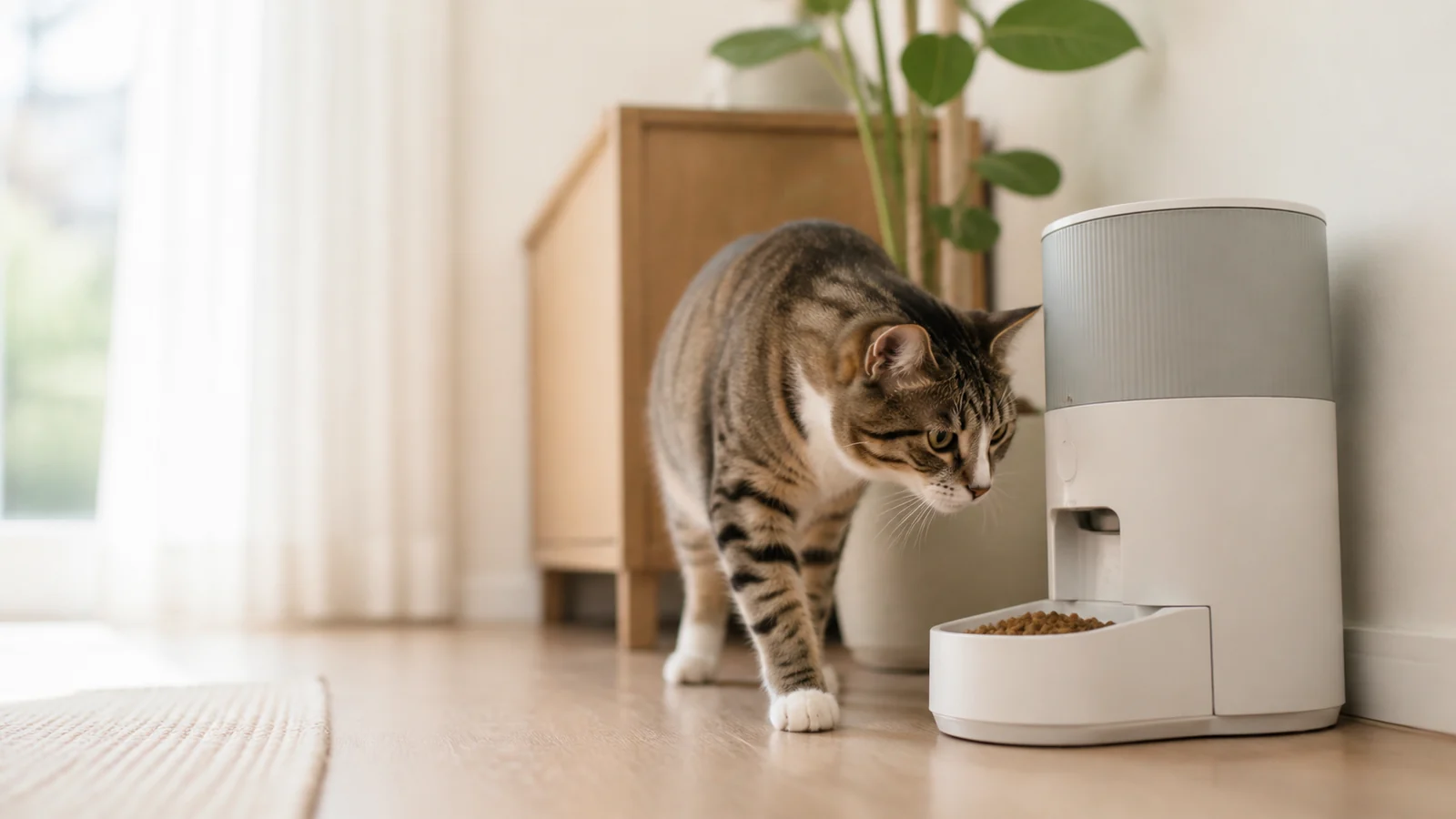Cat calmly approaching a new automatic feeder in a quiet home