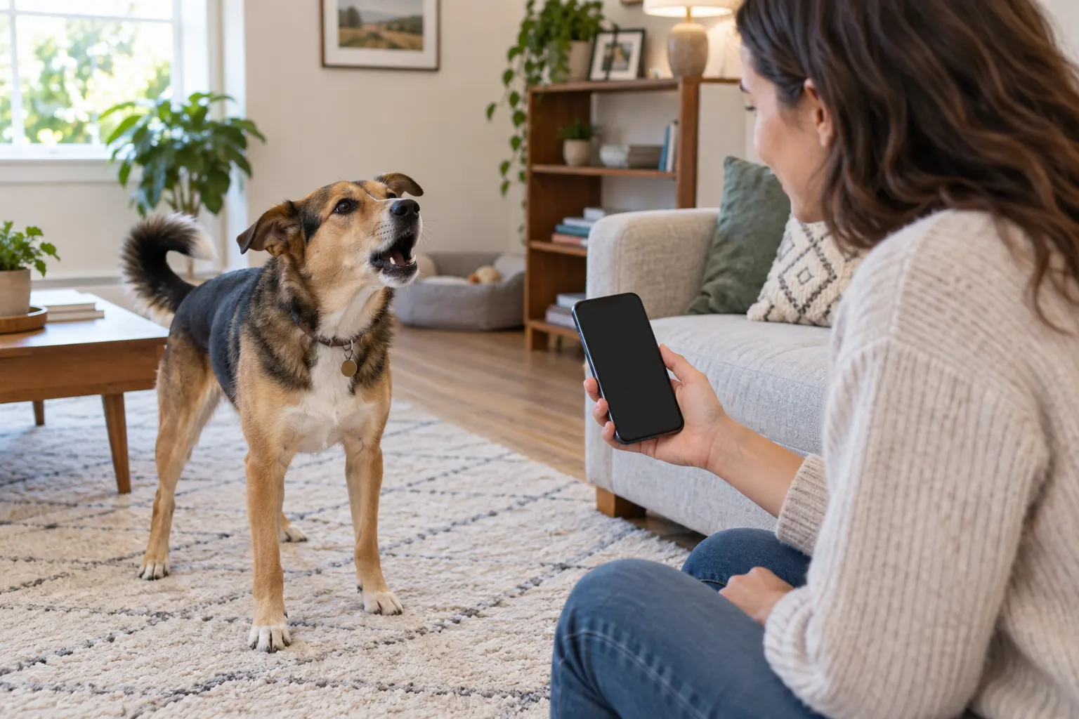 Dog beside a phone displaying a pet bark translation app