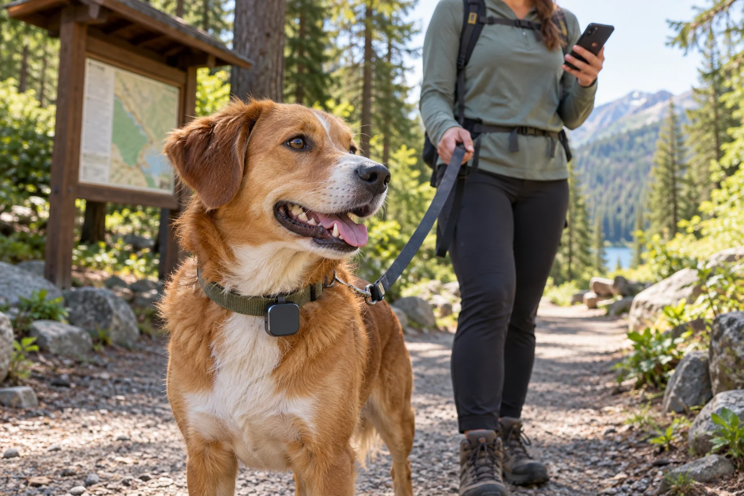 Leashed dog wearing an unbranded GPS tracker at a wooded trailhead