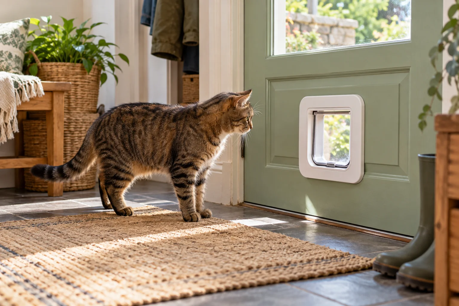Tabby cat beside an unbranded microchip cat door at home