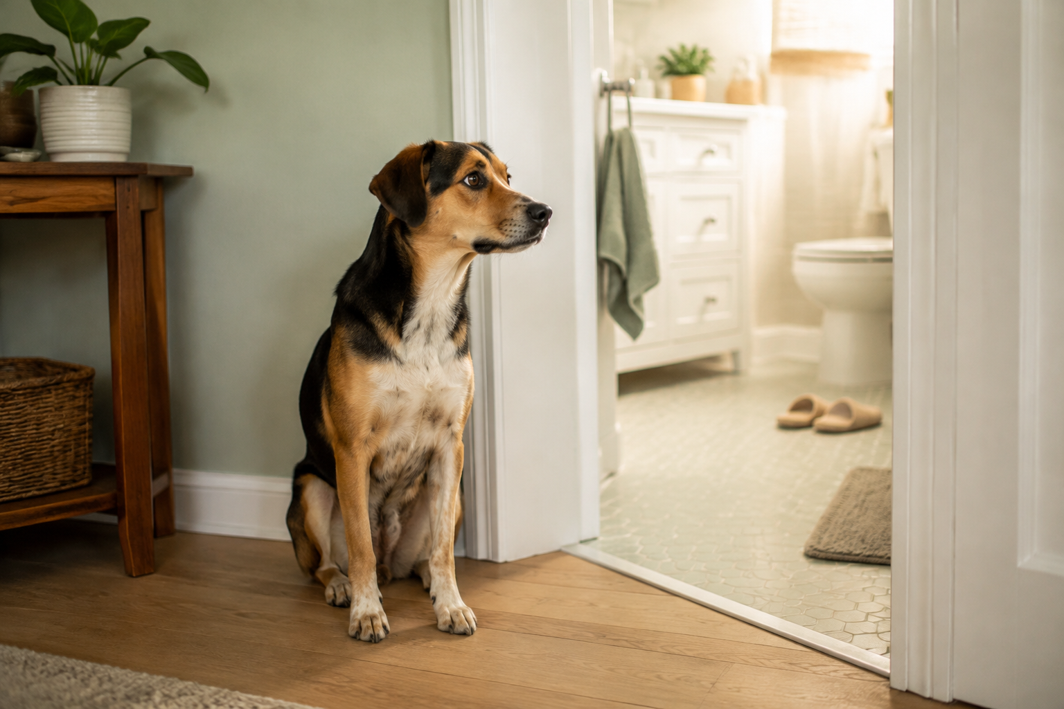 Dog sitting calmly outside a bathroom doorway while its owner is inside.
