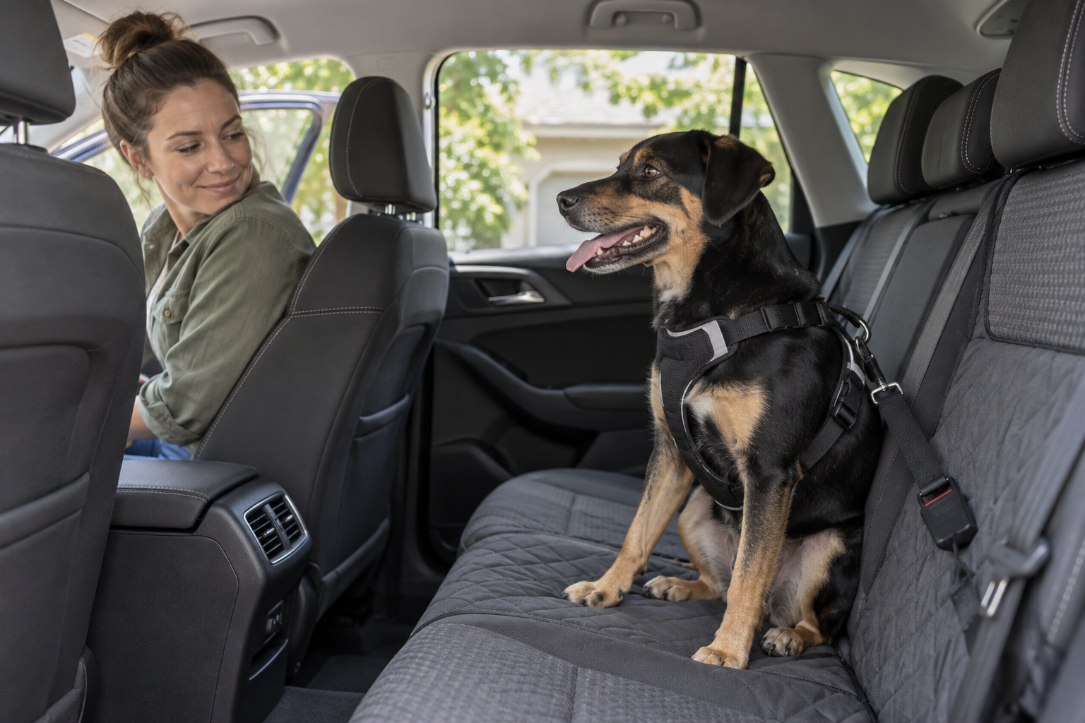 Restrained dog panting in the rear seat while the owner checks the dog before driving