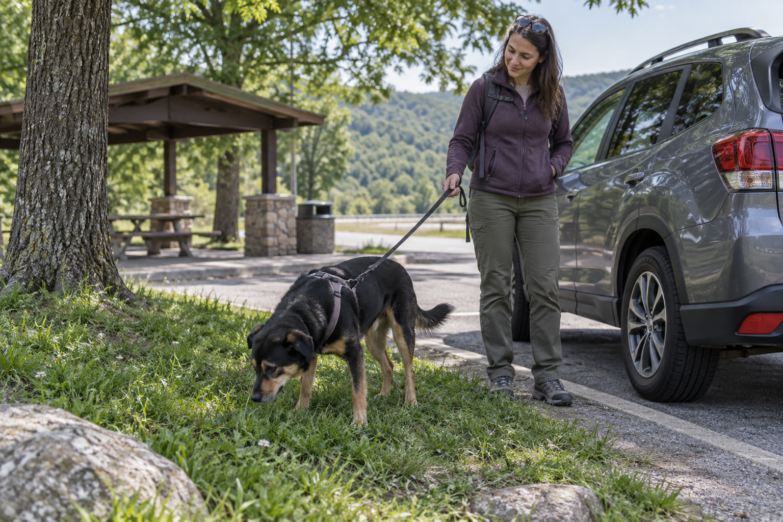 Leashed dog sniffing a quiet rest-stop grass patch while the owner waits calmly