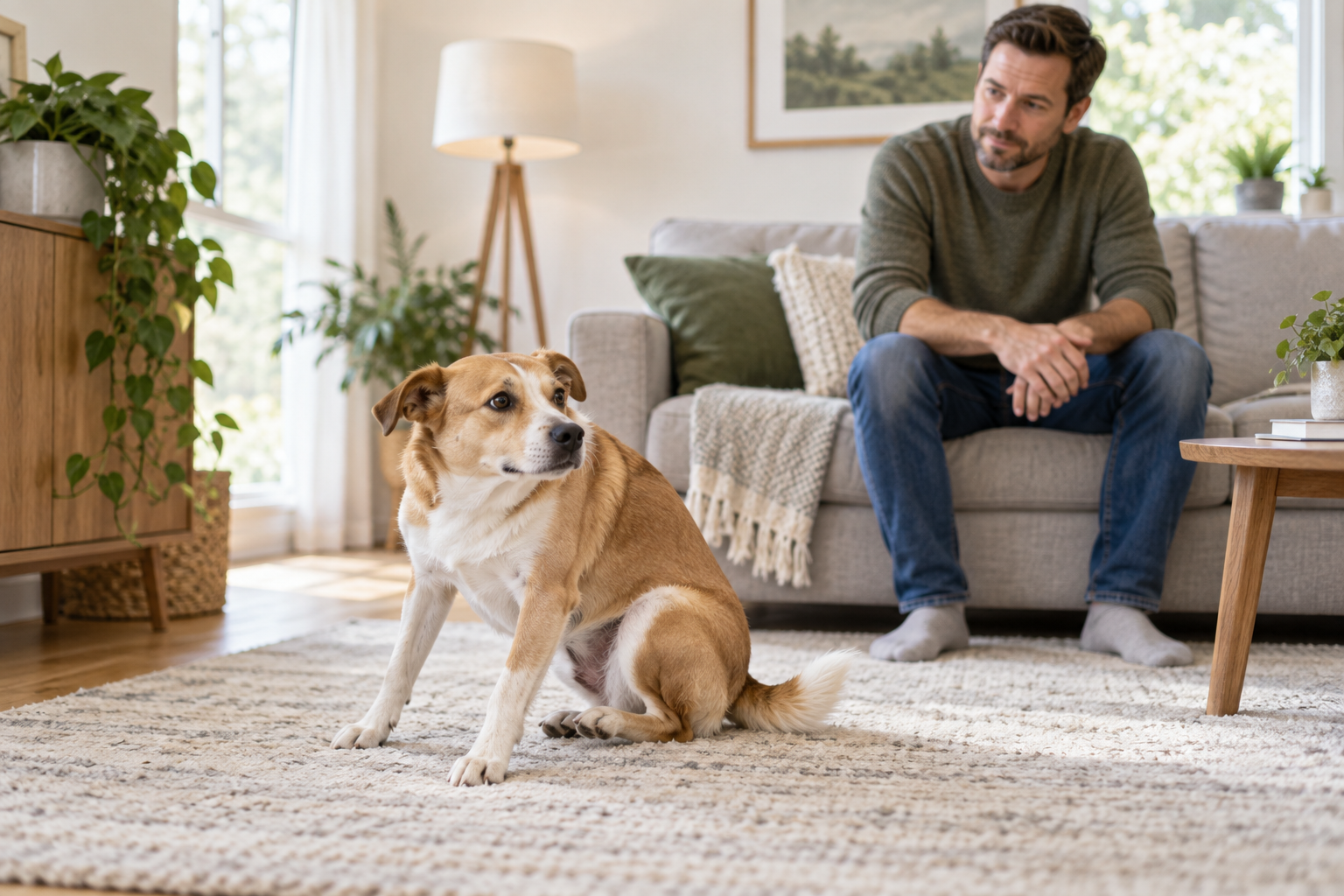 Dog scooting on a living-room rug while the owner watches for signs of discomfort