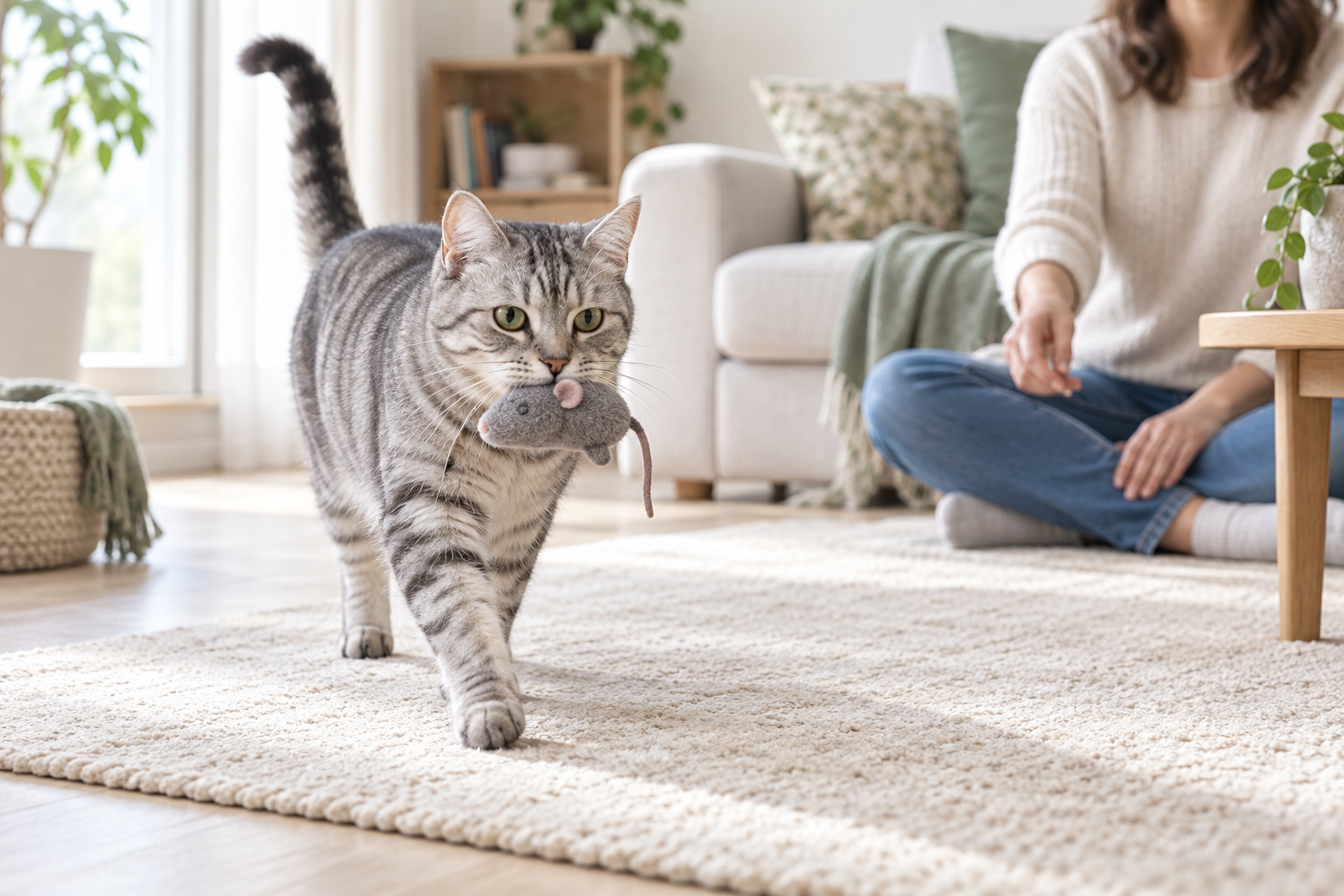 Silver tabby cat bringing a soft toy to its owner in a bright living room