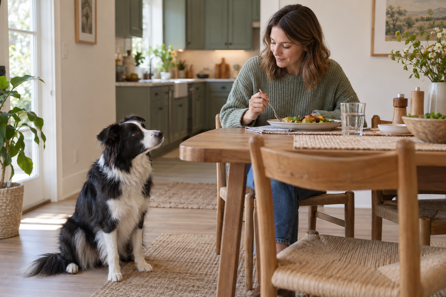 Black-and-white dog watching its owner eat from a respectful distance at the dining table
