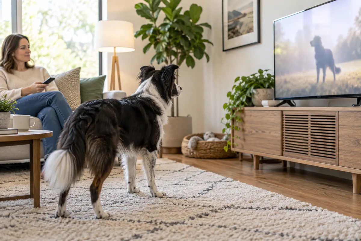 Dog alert to an animal shown on television while its owner holds a remote