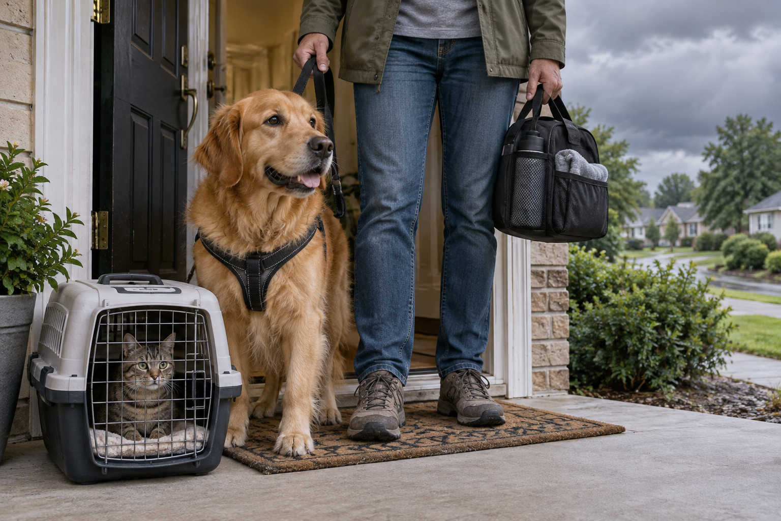 Dog and cat ready to evacuate with their owner and essential supplies