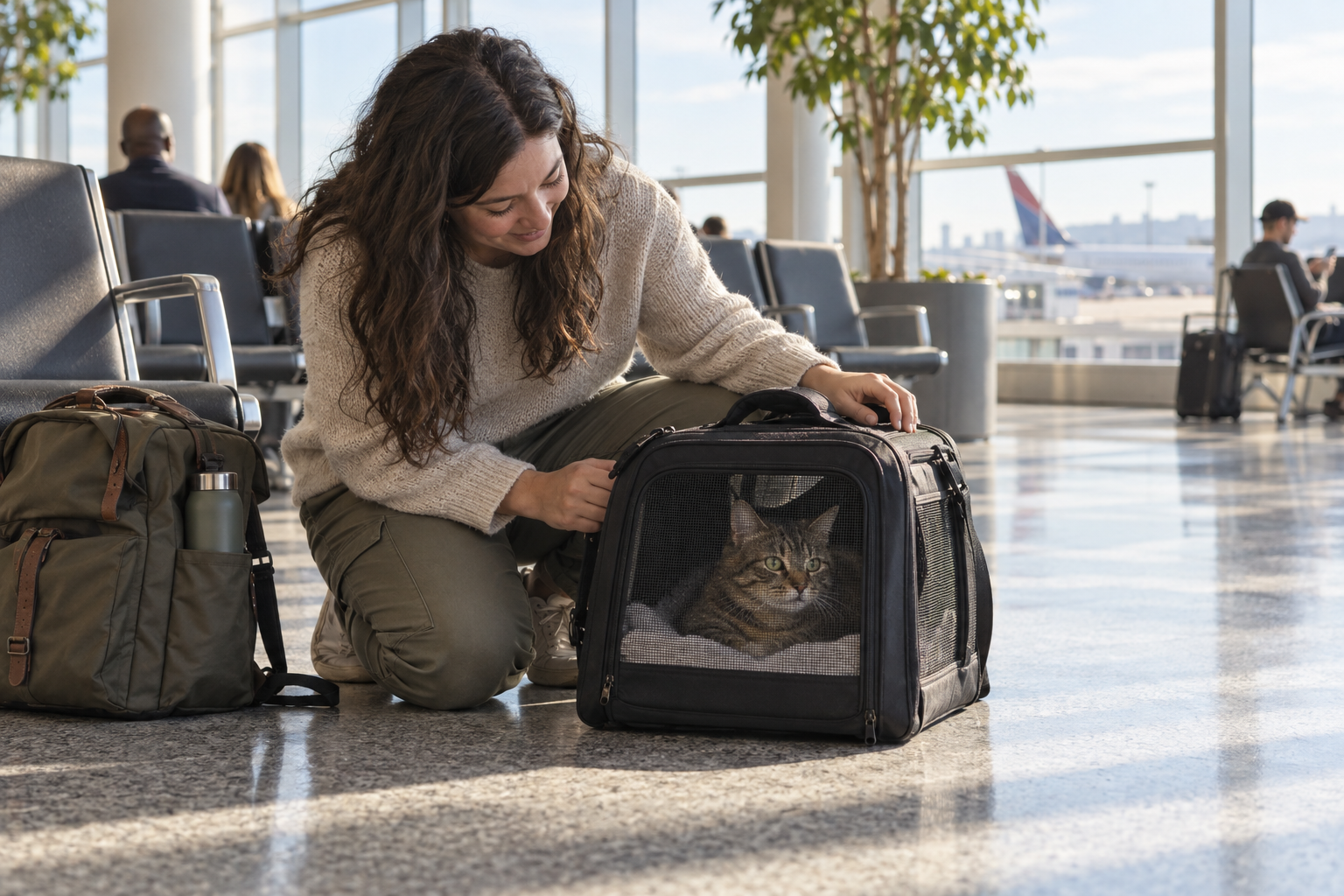 Traveler with a cat secured in a soft pet carrier at an airport