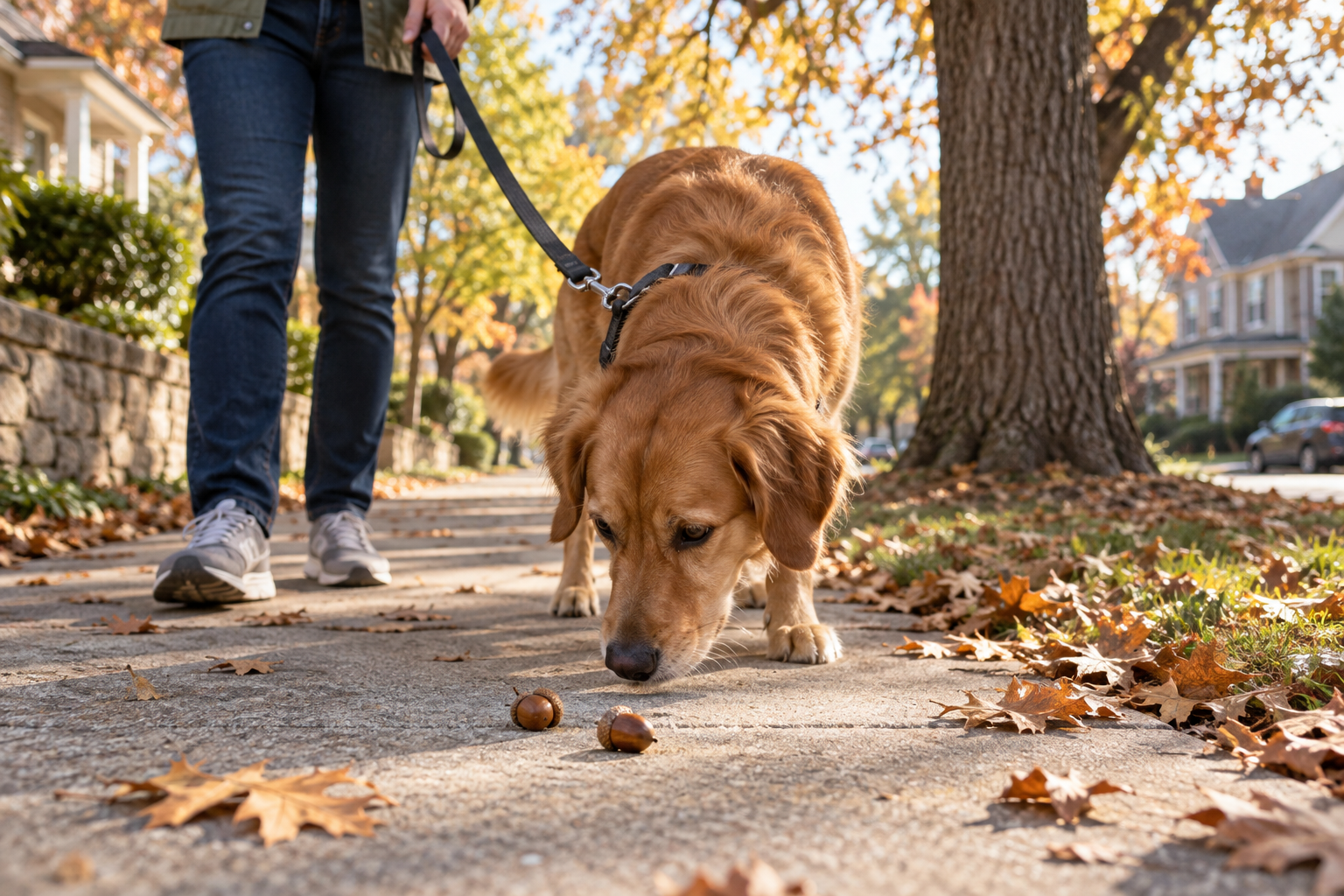 Leashed dog sniffing fallen acorns on an autumn sidewalk