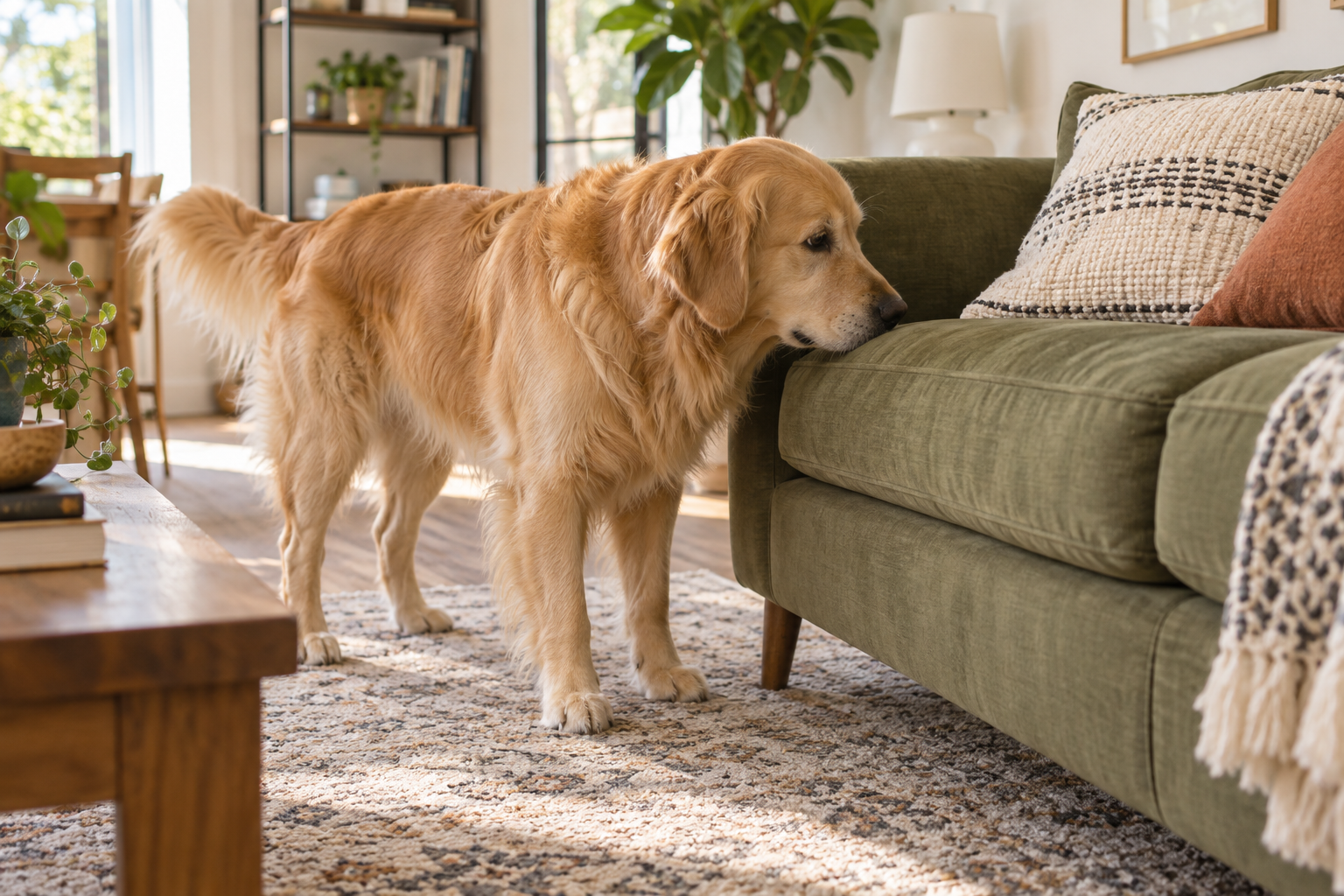 Golden retriever sniffing an olive-green couch cushion in a living room