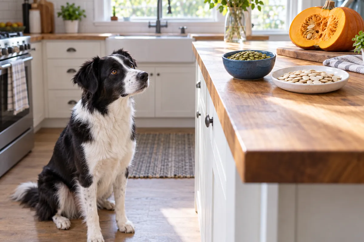 Dog beside a counter with separate dishes of whole and hulled pumpkin seeds