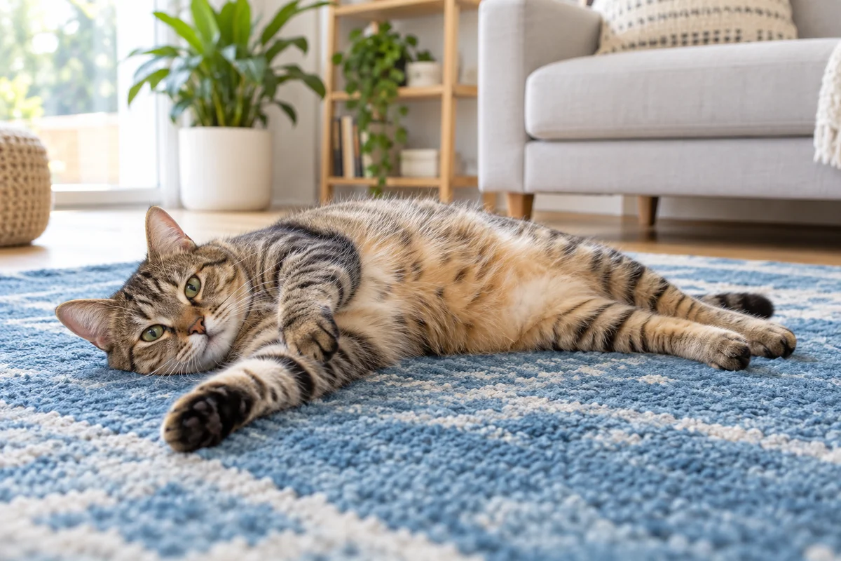Tabby cat stretching naturally on a blue rug
