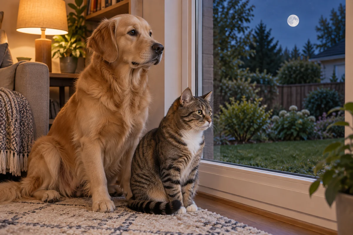 Dog and tabby cat calmly sitting beside a closed window with the moon outside.