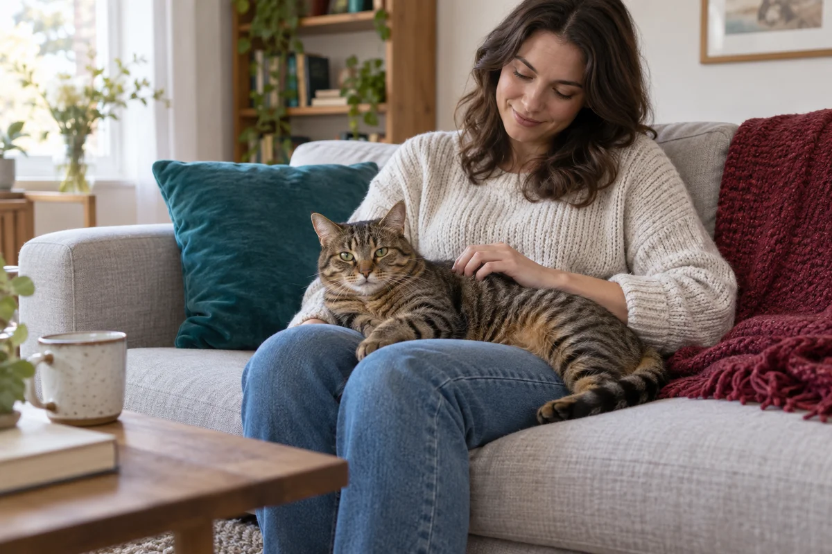Tabby cat resting on a person's lap.