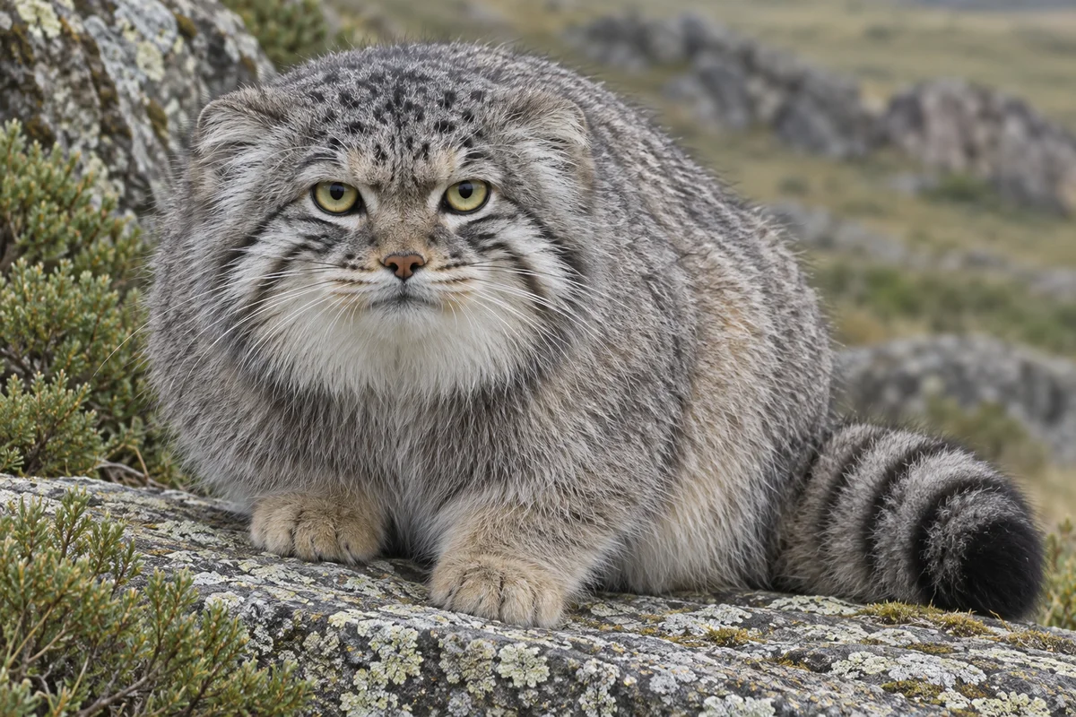 Illustrated Pallas cat portrait on a rock.