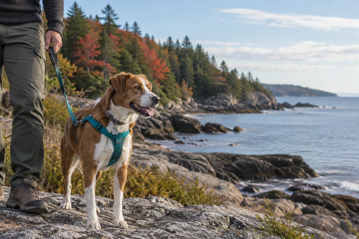 AI-generated planning scene of a dog and owner beside a rocky Maine-style coast