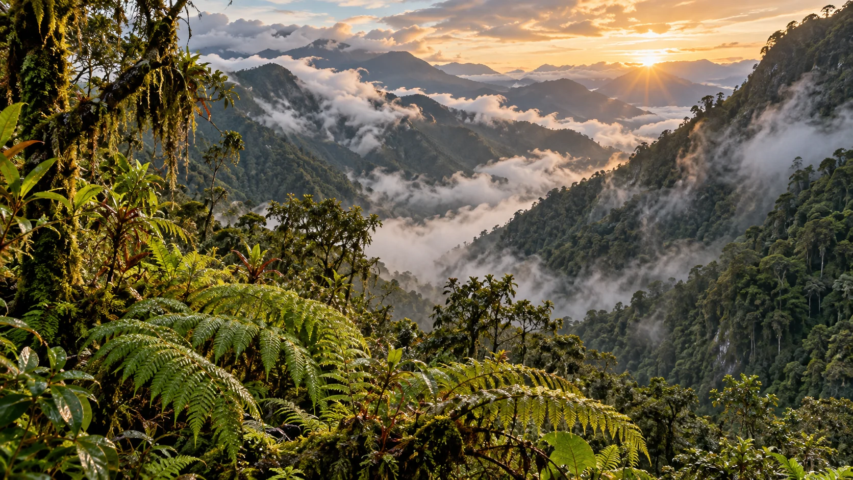AI-generated concept of steep cloud-forest ridges in the Yungas context