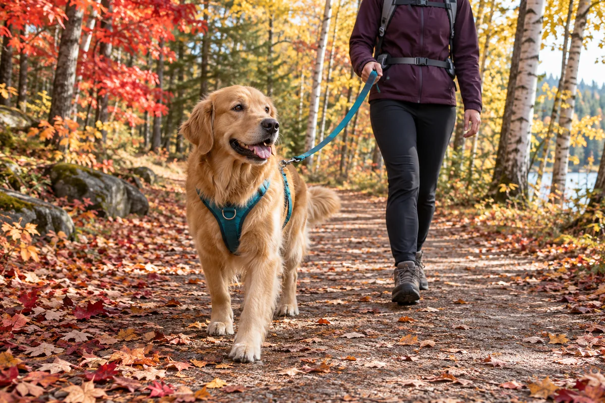 AI-generated photograph of a dog on a colorful autumn woodland path
