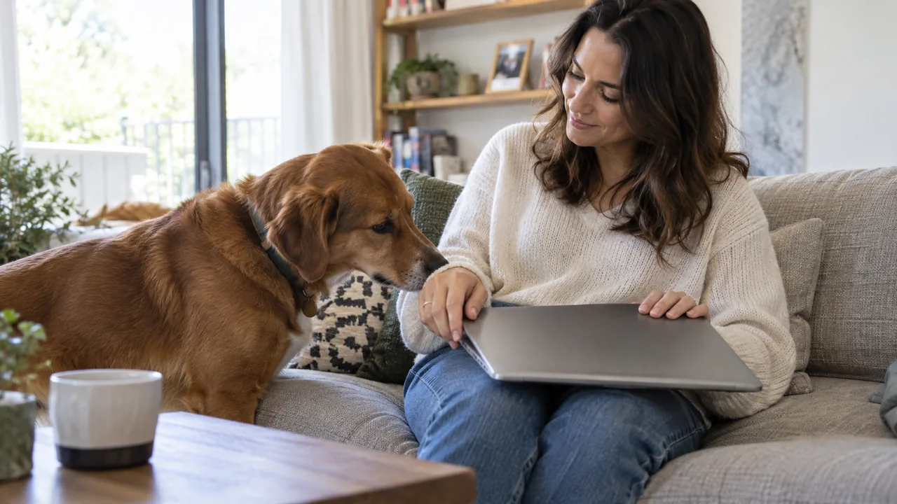 Dog approaching an owner closing a laptop on a sofa