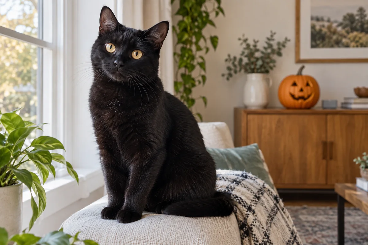 black domestic shorthair cat comfortably sitting by a window, distant unlit pumpkin