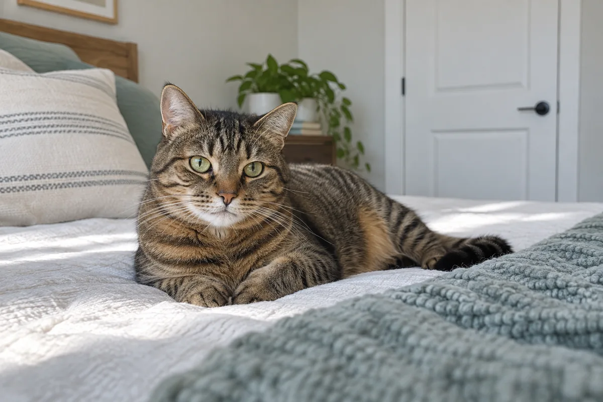 tabby cat comfortable on a bed in a quiet room with closed door, Halloween activity excluded