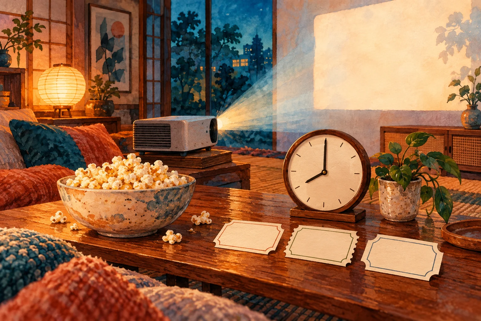 Watercolor-style movie-night scene with a projector, a bowl of popcorn, a clock, blank tickets and blankets