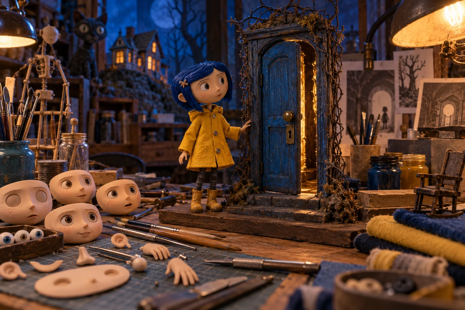 Concept illustration of a blue-haired puppet in a yellow raincoat beside a small door in a miniature workshop