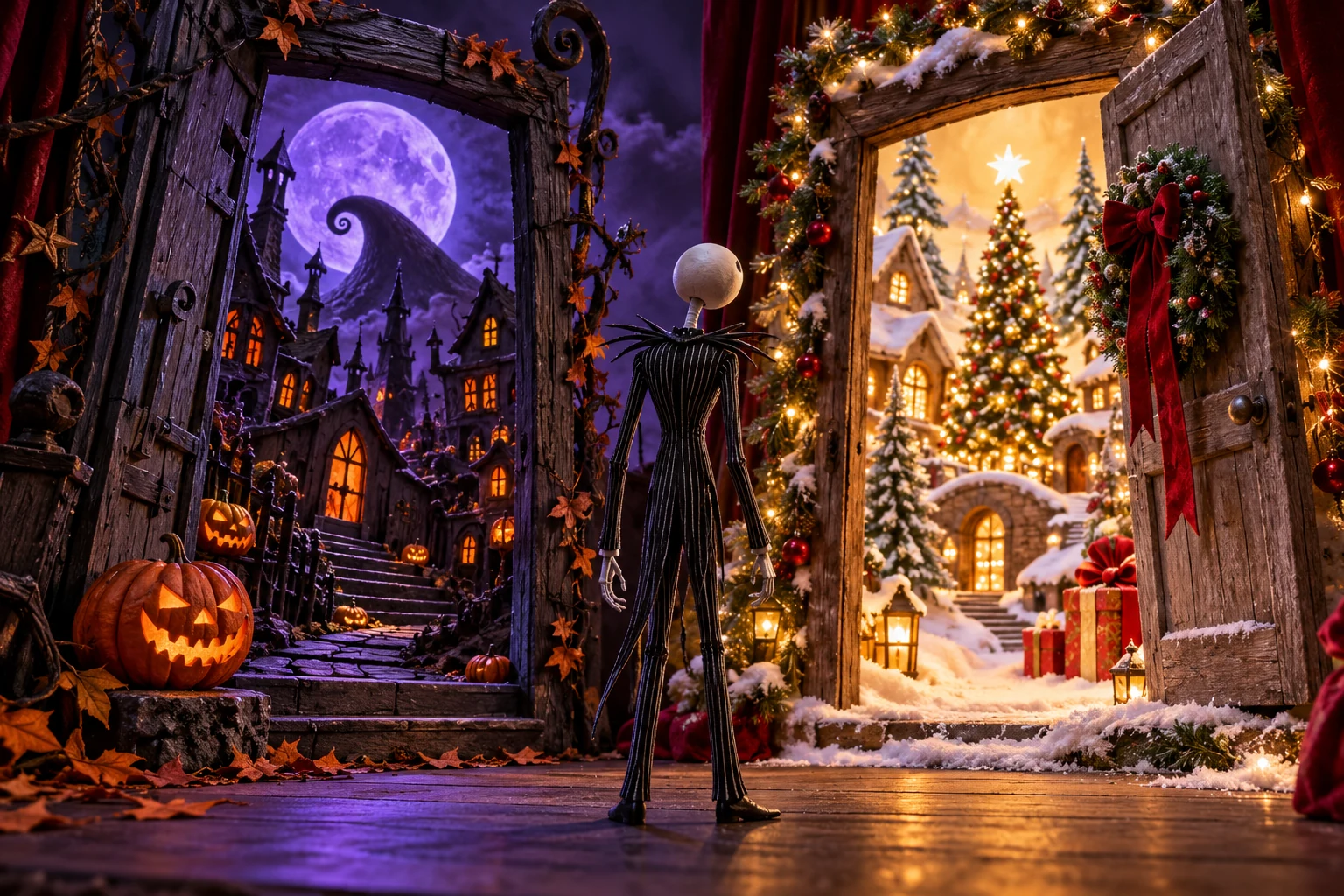 Unofficial illustration of a skeleton figure between a spooky Halloween doorway and a snowy Christmas doorway